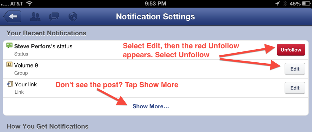 Facebook “Unfollow” button